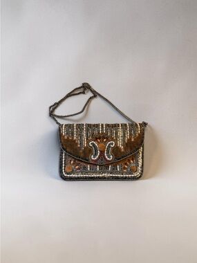 Embellished Brown Velvet Crossbody Bag with Chain Strap